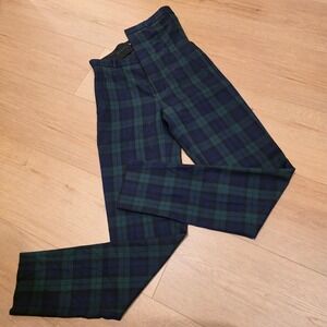 Y/Project Plaid Twill Straight Leg Pants Asymmetric Waist Trousers Navy Green XS
